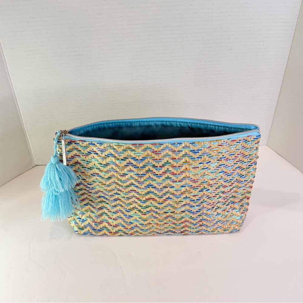 🆕 Lancome Luxe Woven Clutch – Aqua Tassel Zip Bag – Colorful Straw Weave 🆕 - Picture 16 of 16